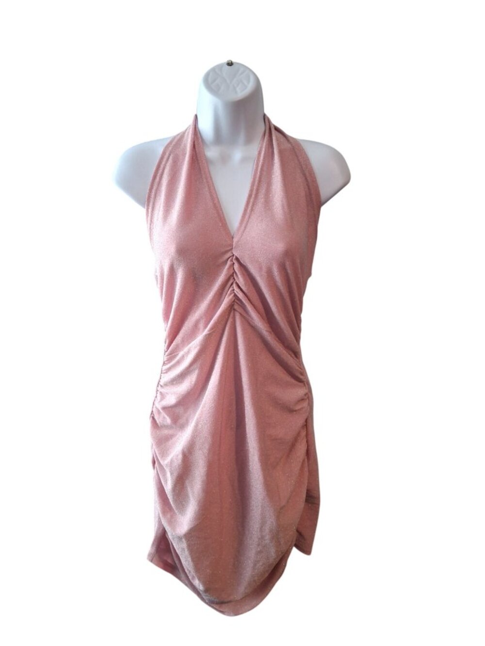SHEIN Pink Shimmer Halter Dress L Y2K Barbiecore Clubwear Coquette Glam